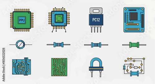 Set of electronic components icons including CPU, processor, transistor, circuit board, capacitor, and resistors on white background