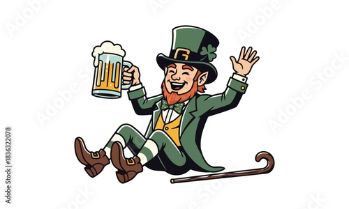 Leprechaun Cheers A Festive Celebration with a Pint and a Wave for Saint Patrick's Day