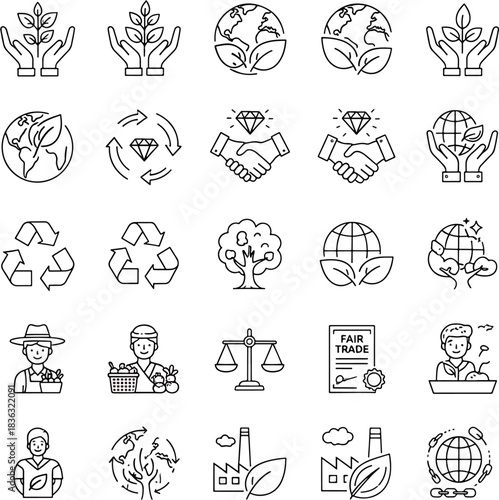 Set of ecological icons, nature symbols, sustainable living and fair trade graphics, environmental protection elements