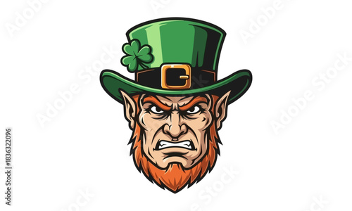 Dynamic illustration of an angry leprechaun character, featuring a fierce expression, traditional green top hat with a clover, and vibrant red beard, perfect for cultural themes and festive designs