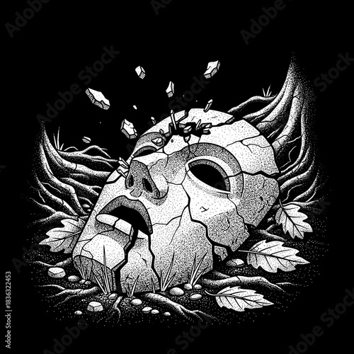 Cracked ancient mask emerging from roots and leaves.