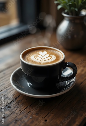 cup of coffee on wooden table