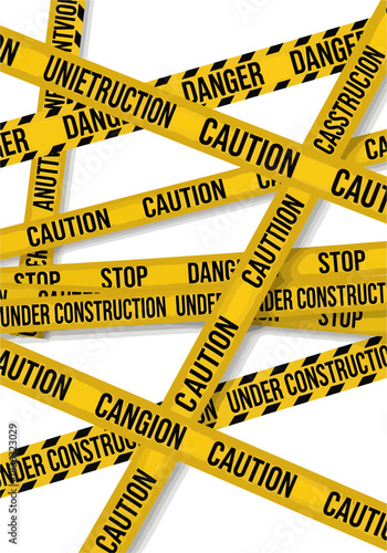 Scattered Yellow Danger and Caution Tape with Black Text Under Construction and Stop Warning Messages