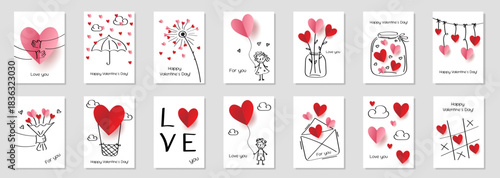 A set of cute romantic doodle-style greeting card templates for Valentine's Day. 3D folded paper heart. Vector illustration.