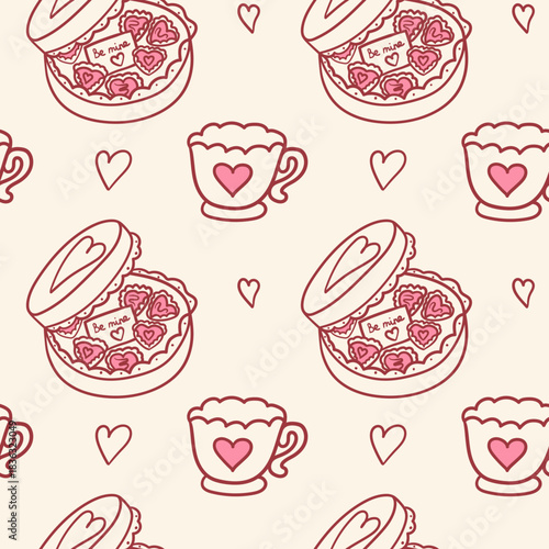 Seamless Valentine pattern with heart chocolate box, tea cup with heart, and hand-drawn hearts on a soft cream background, perfect for romantic wrapping paper, fabric, and sweet packaging.