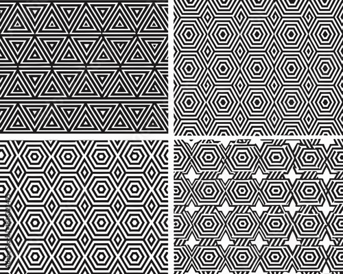Geometric patterns in black and white triangles hexagons and diamonds