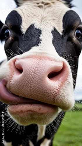 Funny cow licking its nose with a playful expression, captured in natural daylight with detailed fur texture, bright eyes, rural farm mood, and a lighthearted, humorous atmosphere.
