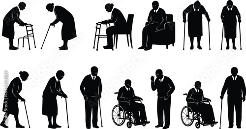 Elderly mobility silhouettes, aging support, walker use, cane posture, wheelchair figure, senior care icon, accessibility pose, healthcare gesture, black illustration, 