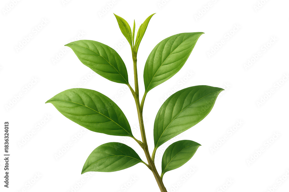 Fototapeta premium Green plant stem with fresh vibrant leaves growing, symbolizing nature, ecology, and new life on transparent background