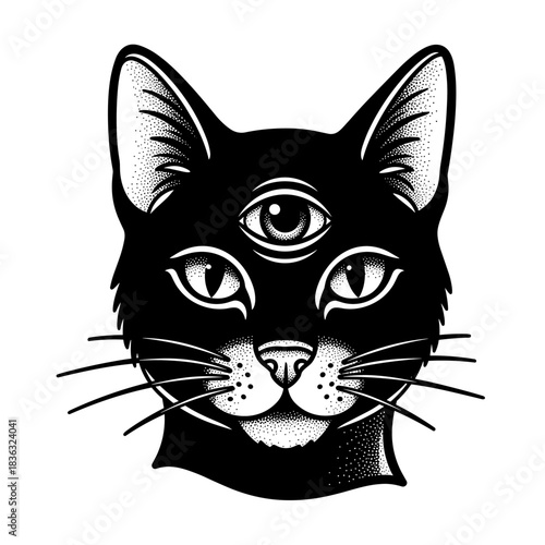 Mysterious Black Cat with Three Eyes in Traditional Tattoo Style.
