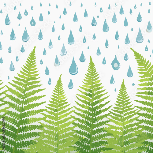 A beautiful illustration showcasing the refreshing scene of delicate blue raindrops falling upon a lush bed of vibrant green fern leaves, symbolizing renewal and natural vitality