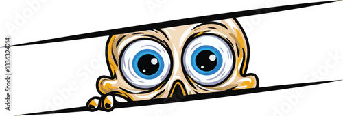 Cartoon character with large eyes peeking through a crack  