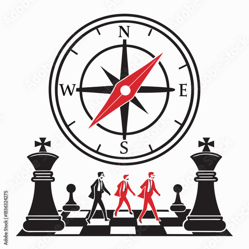 A compass above chess pieces and three businessmen walking on a chessboard with black and white squares