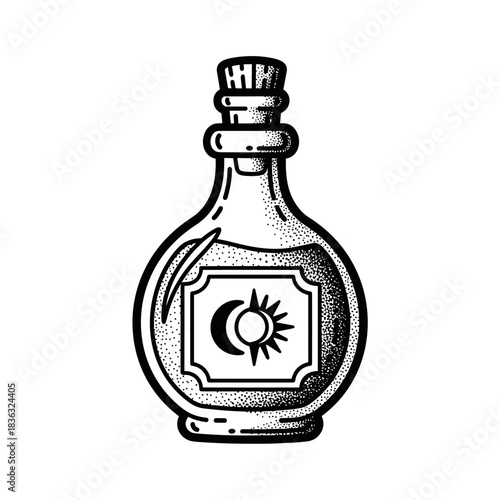Mystical Elixir Bottle with Celestial Symbols Engraved Illustration.