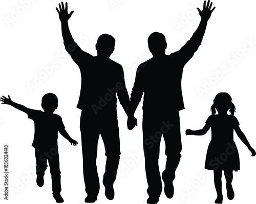 Family silhouette, unity pose, parents and children, raised arms, inclusive family, support gesture, togetherness icon, black figure, love bond, diverse family, emotional connection, group harmony