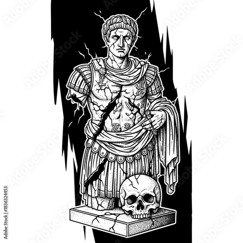Ancient Roman Emperor Statue with Skull Symbolizing Mortality.