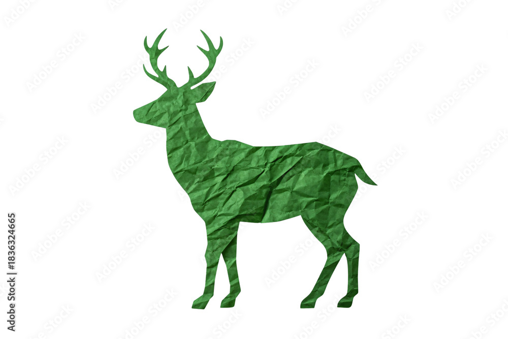 Fototapeta premium deer standing gracefully with green paper texture showing elegant antlers and slender body in profile, isolated on a transparent background