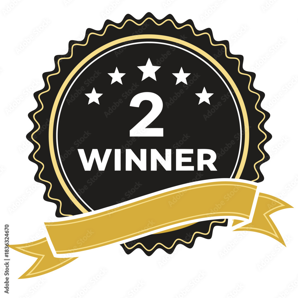 Fototapeta premium A black and gold badge with five stars and a ribbon indicating second place winner award design