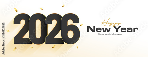 happy new year 2026 party banner with golden confetti