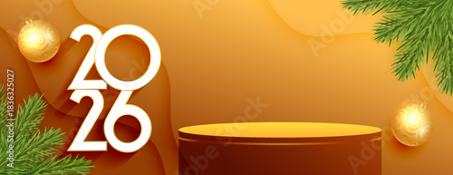 2026 new year banner with 3d empty podium stand