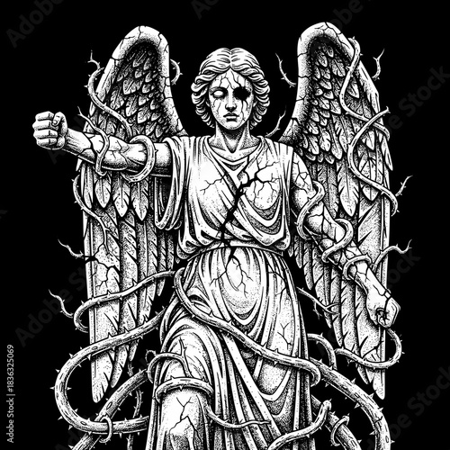 Gothic Angel Statue with Thorny Vines and Cracked Texture.