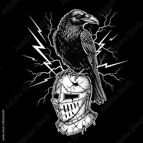 A detailed illustration of a raven perched on a knights helmet.
