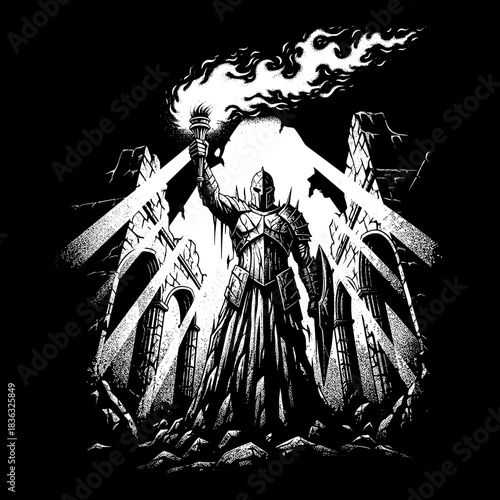 Warrior holding a flaming torch in front of ancient ruins.