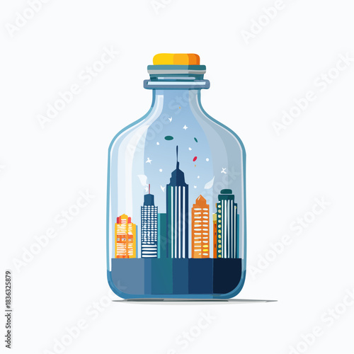 A miniature cityscape with modern skyscrapers and architectural buildings captured inside a transparent glass bottle, representing a souvenir or a preserved world concept