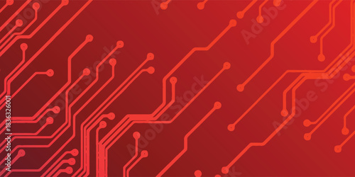 Red electronic circuit illustration with a gradient glow and modern digital network layout.