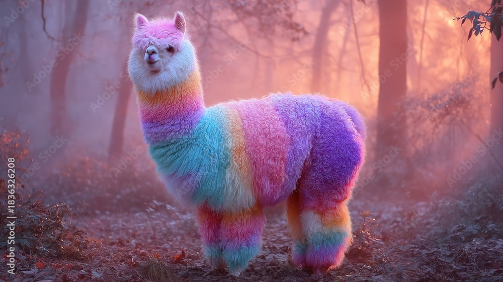 Obraz premium A colorful alpaca with a rainbow-colored coat standing in a misty forest with a pink sky.