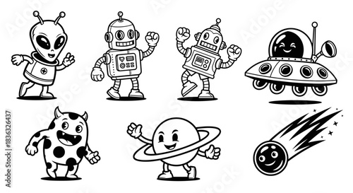 Set of cartoon space characters and objects in black and white.