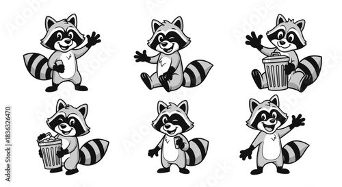 Cute Raccoon Character Set Waving and Holding Trash Cans.