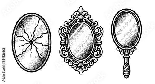 Three antique mirrors with ornate frames and one cracked mirror.
