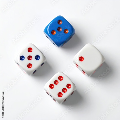 Four dice arranged in a diamond pattern on a white surface.  Each die is a different color/pattern and shows a different number of pips.  Bright, crisp image