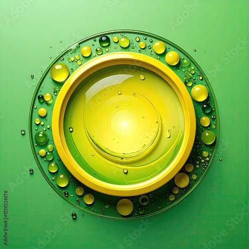 Circular design with concentric rings, vibrant yellow and green colors, and translucent liquid droplets