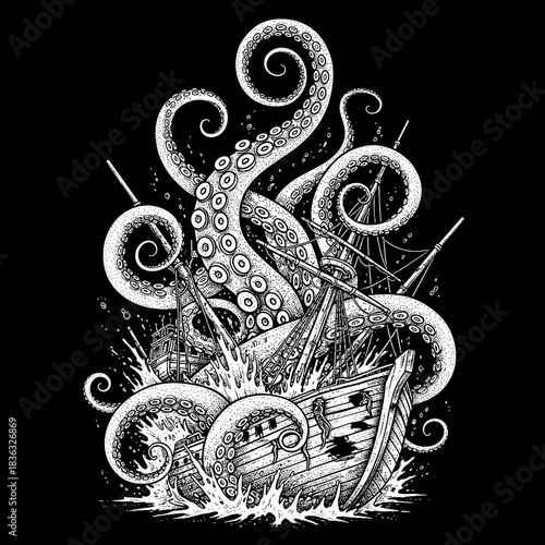 Giant Kraken Tentacles Attacking a Sailing Ship in a Stormy Sea.