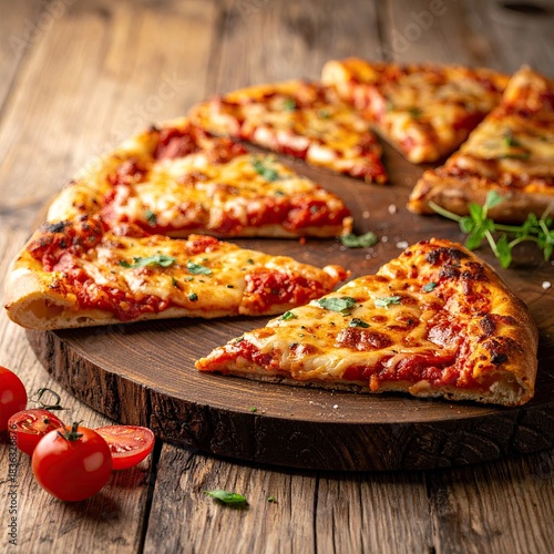 Sliced pizza on rustic wooden board with cherry tomatoes