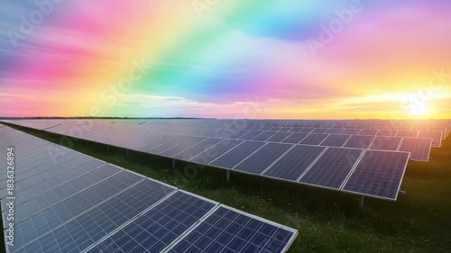 Solar panel farm under a vibrant rainbow sky at sunset, showcasing renewable energy and environmental harmony