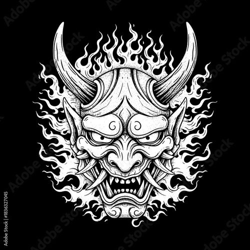 Detailed Illustration of a Fearsome Japanese Oni Mask with Fiery Aura.