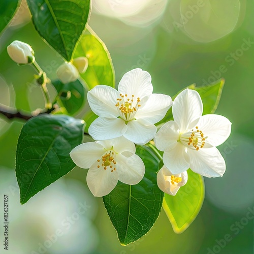 Delicate white blossoms on a branch, bathed in sunlight.  Fresh, vibrant, springtime flowers