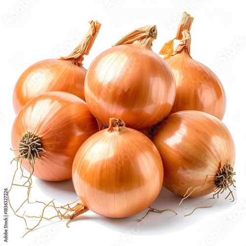 Cluster of golden onions on white background