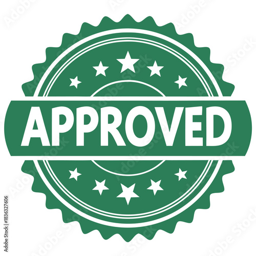 Green approved stamp with stars and scalloped edge indicating acceptance and validation process complete