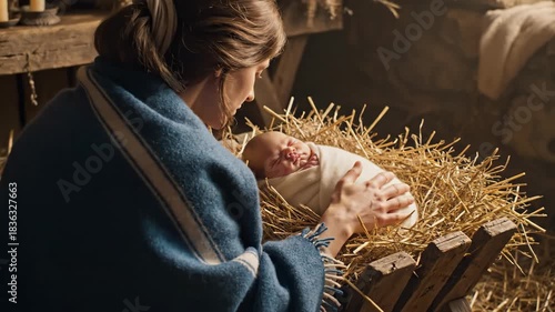 Woman looking at sleeping baby in manger with hay, Christian nativity scene for Christmas celebration or religious worship.