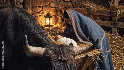 Virgin mary with baby jesus in manger surrounded by a bull in the nativity scene for christian christmas.