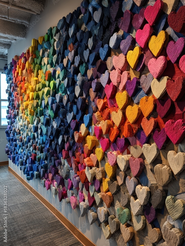 Obraz premium group effort builds a mosaic of colorful hearts on a dynamic textured wall teamwork shared vision vibrant wall