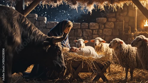 Woman Mary watches baby Jesus in manger with ox and sheep on Christian Christmas night in stable. Nativity scene with Holy Family.