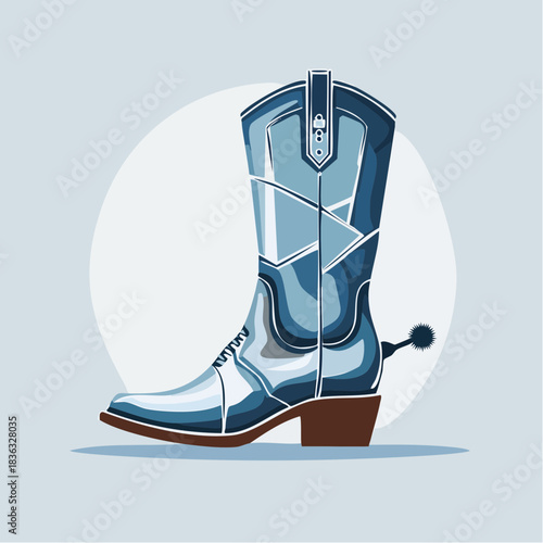 A modern artistic representation of a classic western cowboy boot in shades of blue, complete with a spur, isolated on a light background