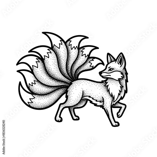 Stylized Nine-Tailed Fox Illustration with Stippling Detail.