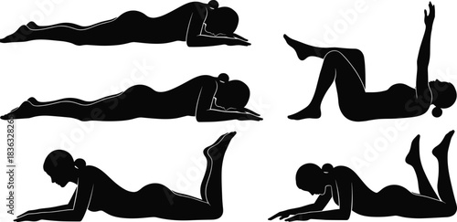 Physical therapy silhouettes, rehabilitation poses, recovery exercise, prone posture, mobility training, therapeutic movement, spinal rehab, wellness icon, body alignment, clinical routine