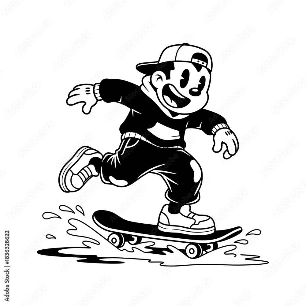 Naklejka premium Retro Cartoon Character Riding a Skateboard with Enthusiasm.